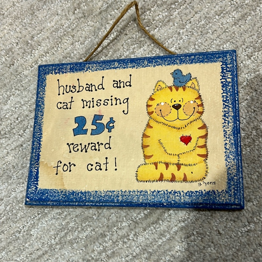 Vintage Adorable Hand Painted Cat & Husband Sign